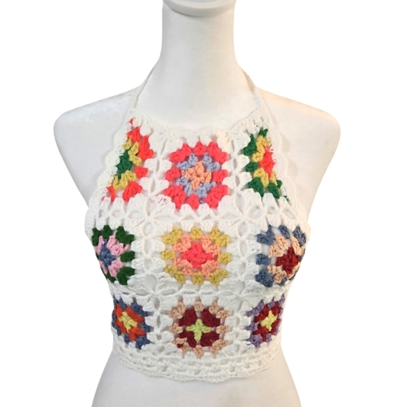Handmade Crochet Halter Top Granny Square Floral Multicored Boho Bikini Top - Picture 3 of 17